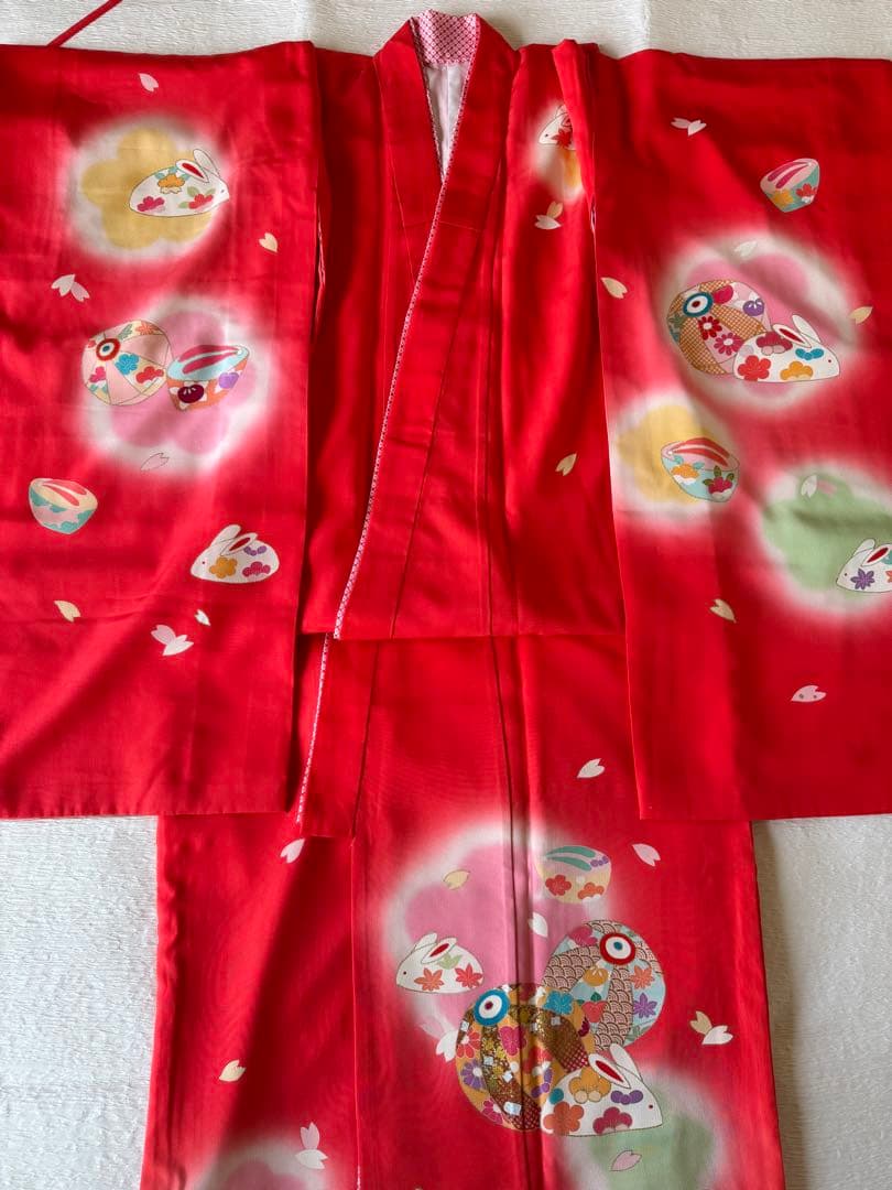 七五三に★正絹手書き友禅　うさぎに紙風船　7歳着物フルセット