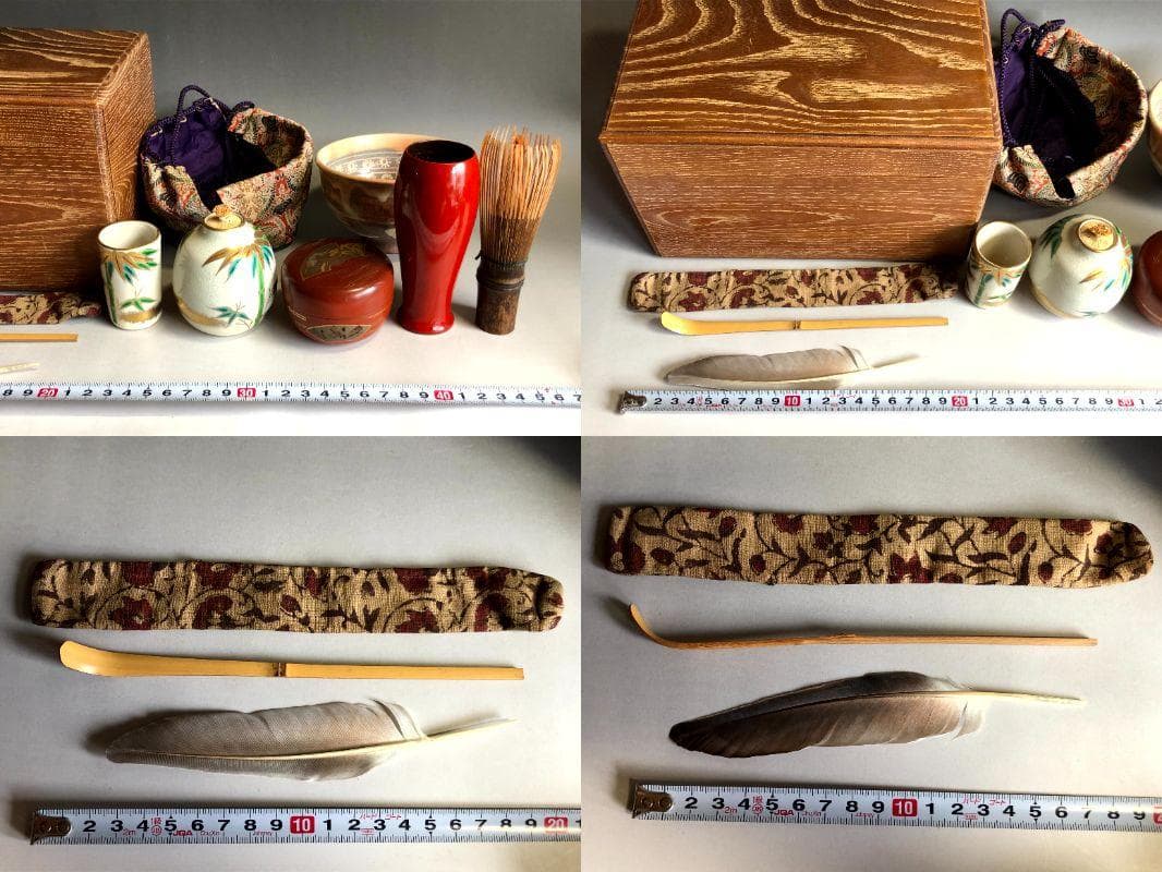 茶箱■お茶道具セット 利休茶箱 京焼 刷毛目茶碗 朱塗り棗 8点 時代物 骨董■