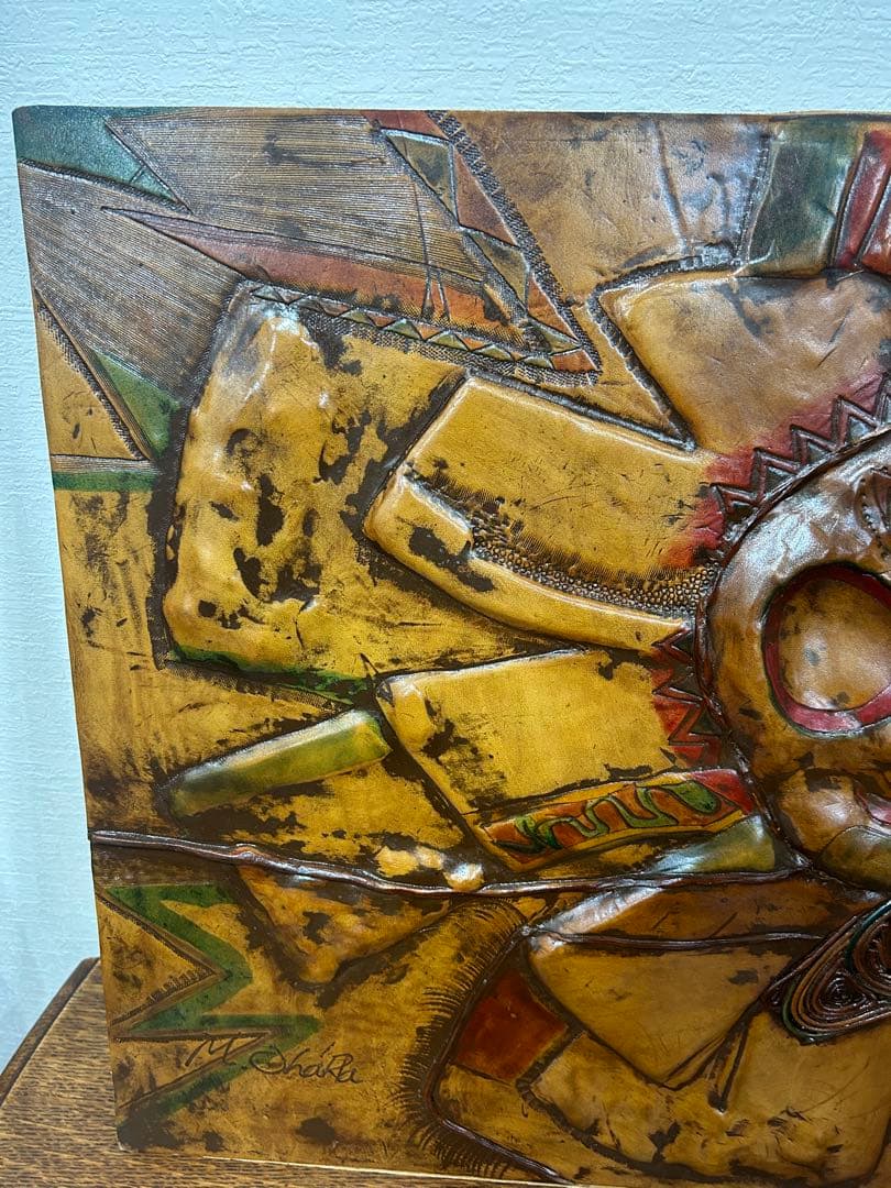 ヴィンテージ 革のレリーフアート M.Ohara サイン入り 壁掛けアート