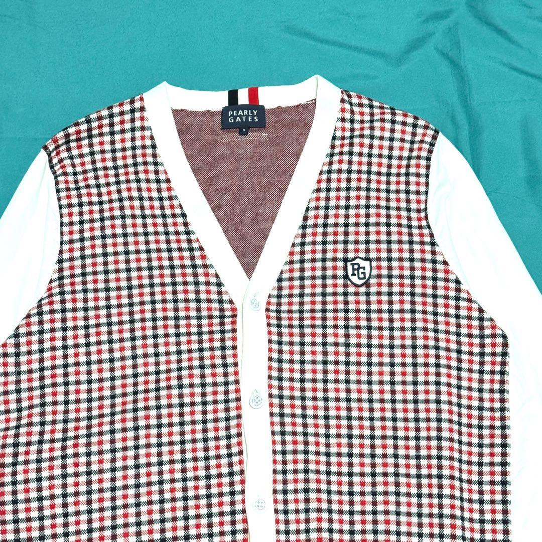 良好 パーリーゲイツ チェック柄コットンカーディガン 赤白黒 Ｖネック長袖人気