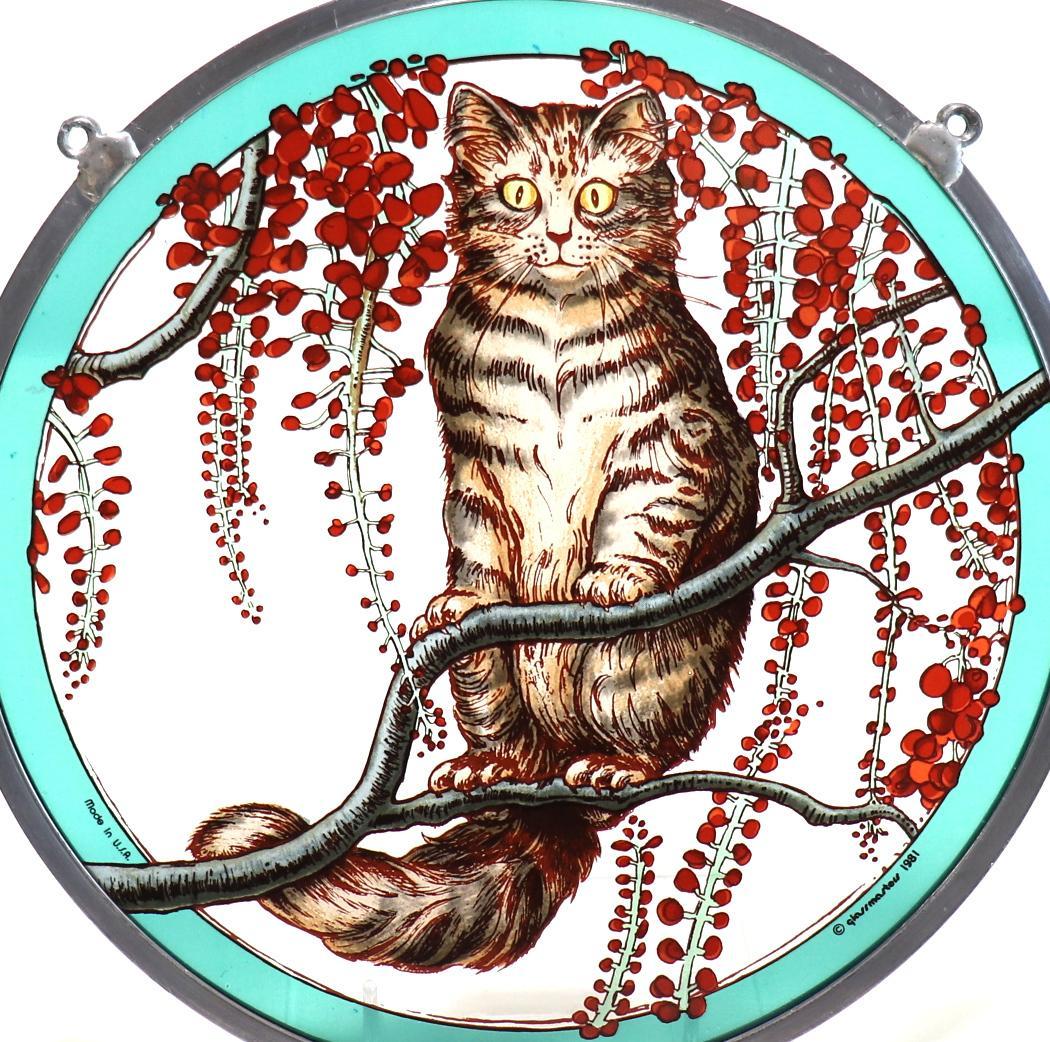 枝の上で佇む猫 大型 ヴィンテージ ステンドグラス キジトラ