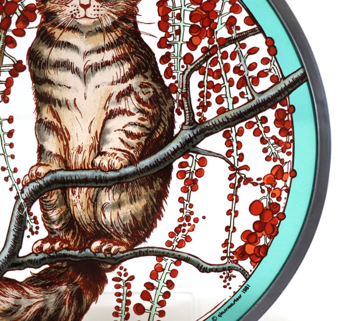 枝の上で佇む猫 大型 ヴィンテージ ステンドグラス キジトラ