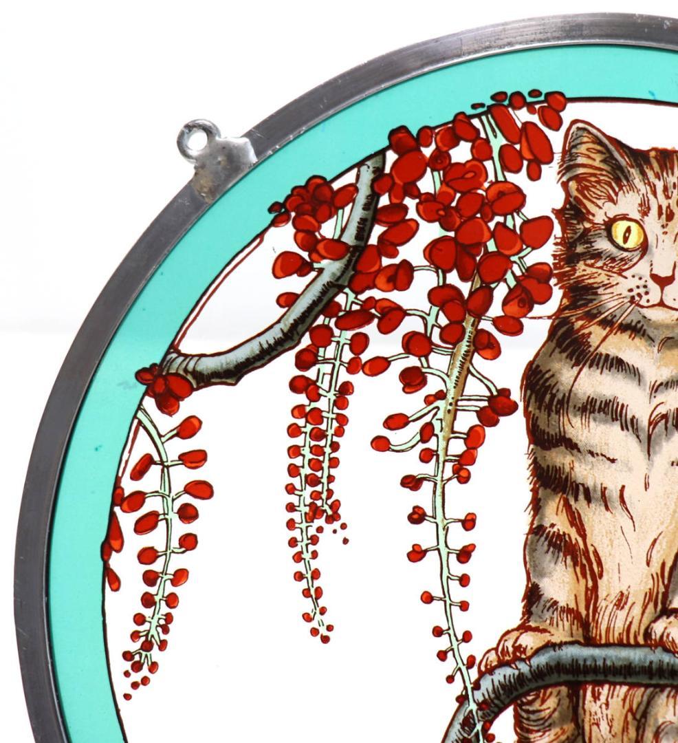 枝の上で佇む猫 大型 ヴィンテージ ステンドグラス キジトラ