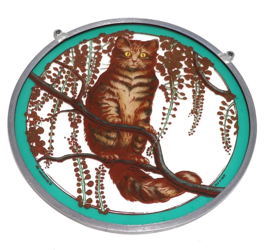 枝の上で佇む猫 大型 ヴィンテージ ステンドグラス キジトラ