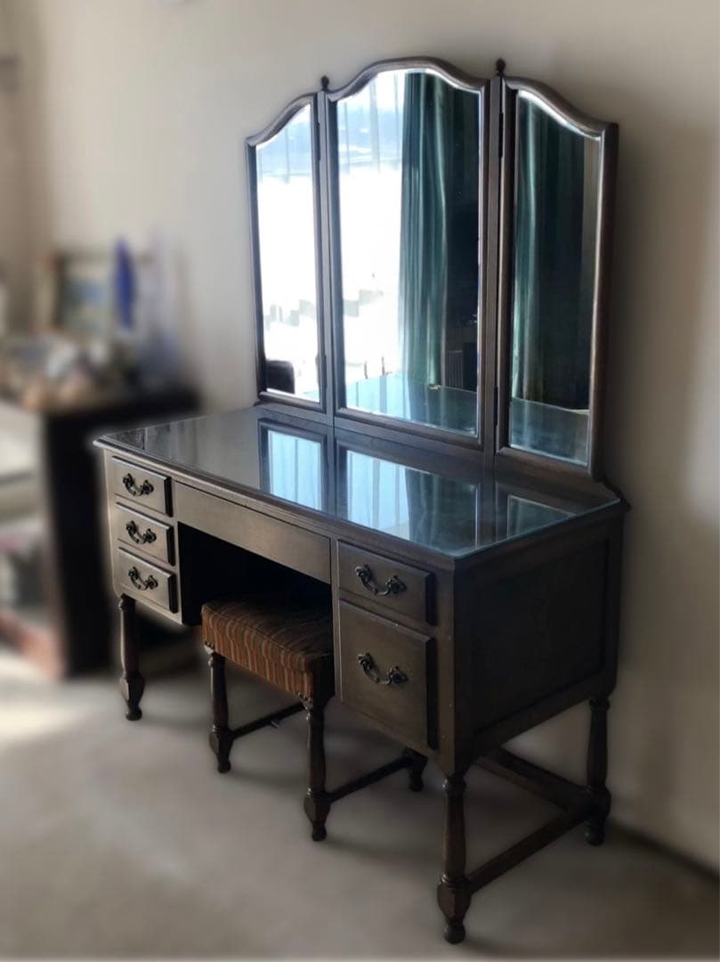 三面鏡 ドレッサー　鏡台　化粧台　ナラ材　天然木　ガラス天板　ヴィンテージ