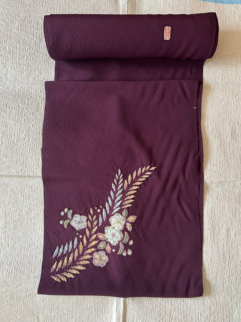 着物反物　正絹　桐屋翠山工房製　辻が花模様　絞り　茶紫