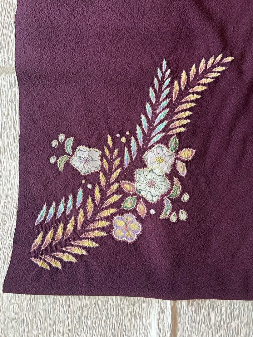 着物反物　正絹　桐屋翠山工房製　辻が花模様　絞り　茶紫