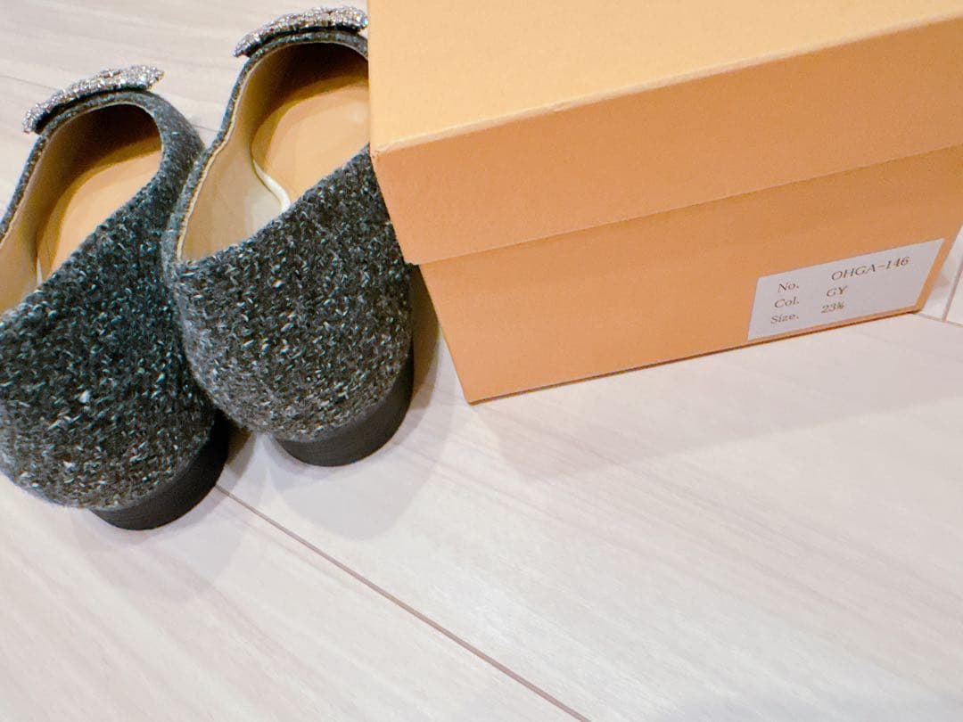 OHGA ビジュー付きポインテッドツイードフラットシューズ