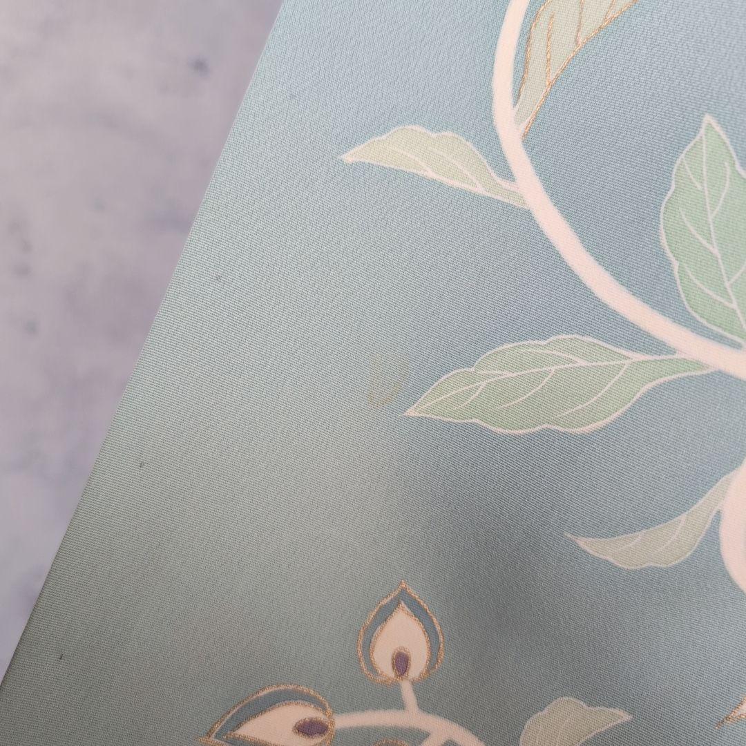 訪問着　フルセット　着物　正絹　淡い青緑　金彩加工　洋花　優美　爽やか　B2