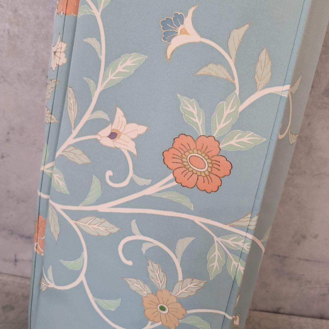 訪問着　フルセット　着物　正絹　淡い青緑　金彩加工　洋花　優美　爽やか　B2