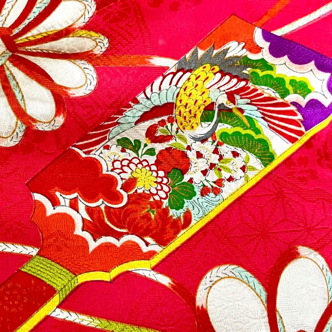 正絹 アンティーク着物 レトロ着物 ☆羽子板 地紙 七五三 【しつけ糸付】