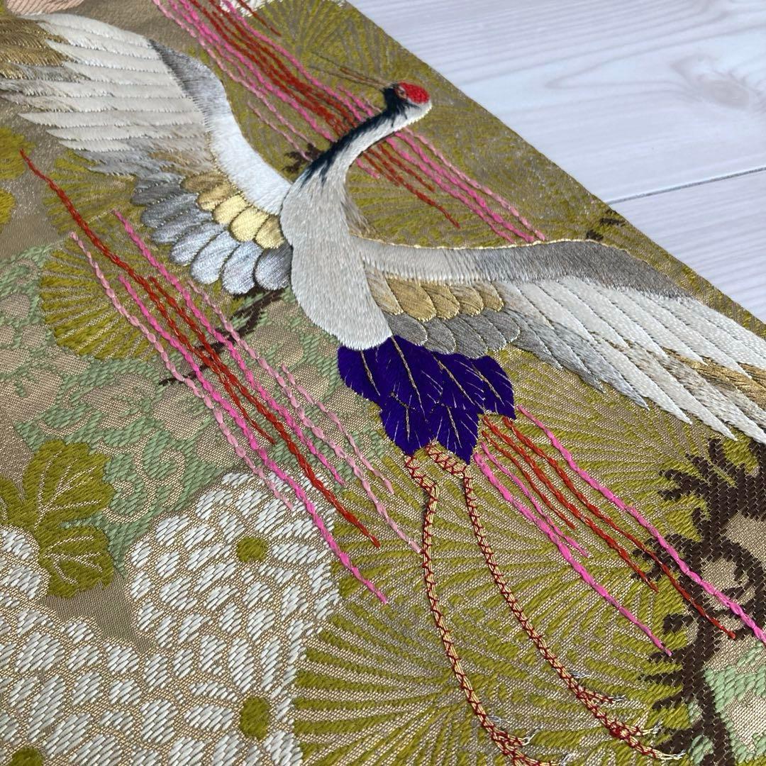 アンティーク名古屋帯　鶴の刺繍　金駒刺繍　上質　正絹　No.2-24