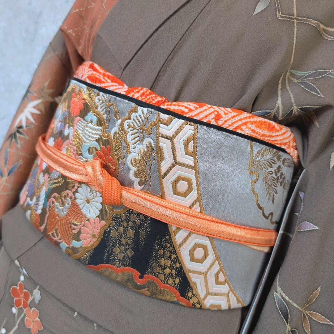 訪問着　フルセット　着物　正絹　ブラウン橙　金駒刺繍　花　O6