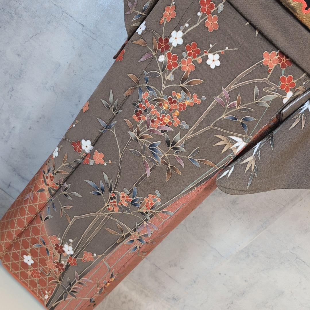 訪問着　フルセット　着物　正絹　ブラウン橙　金駒刺繍　花　O6