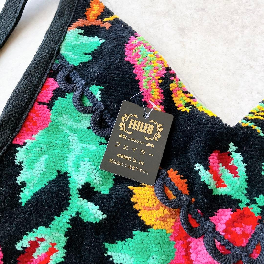 未使用美品＊ FEILER フェイラー エプロン 花 鳥 ドイツ製生地 黒