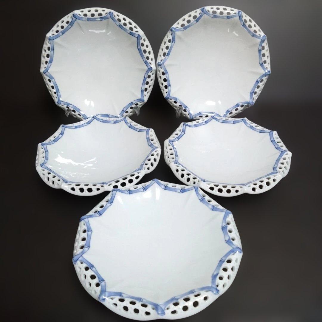 新品 三川内焼 十四代玉泉窯 透水彫 中皿5枚　お祝い