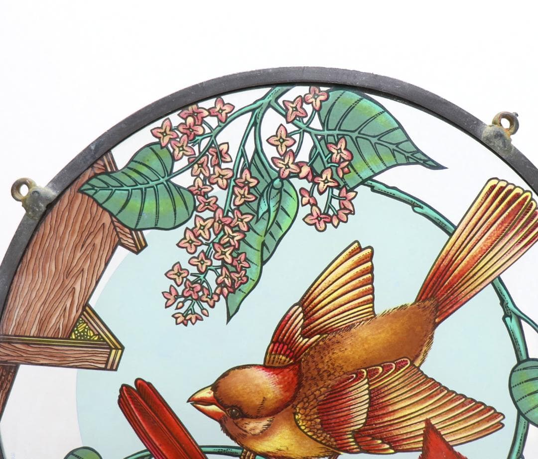 大型 赤と黄の二羽のショウジョウコウカンチョウ ヴィンテージ ステンドグラス 鳥