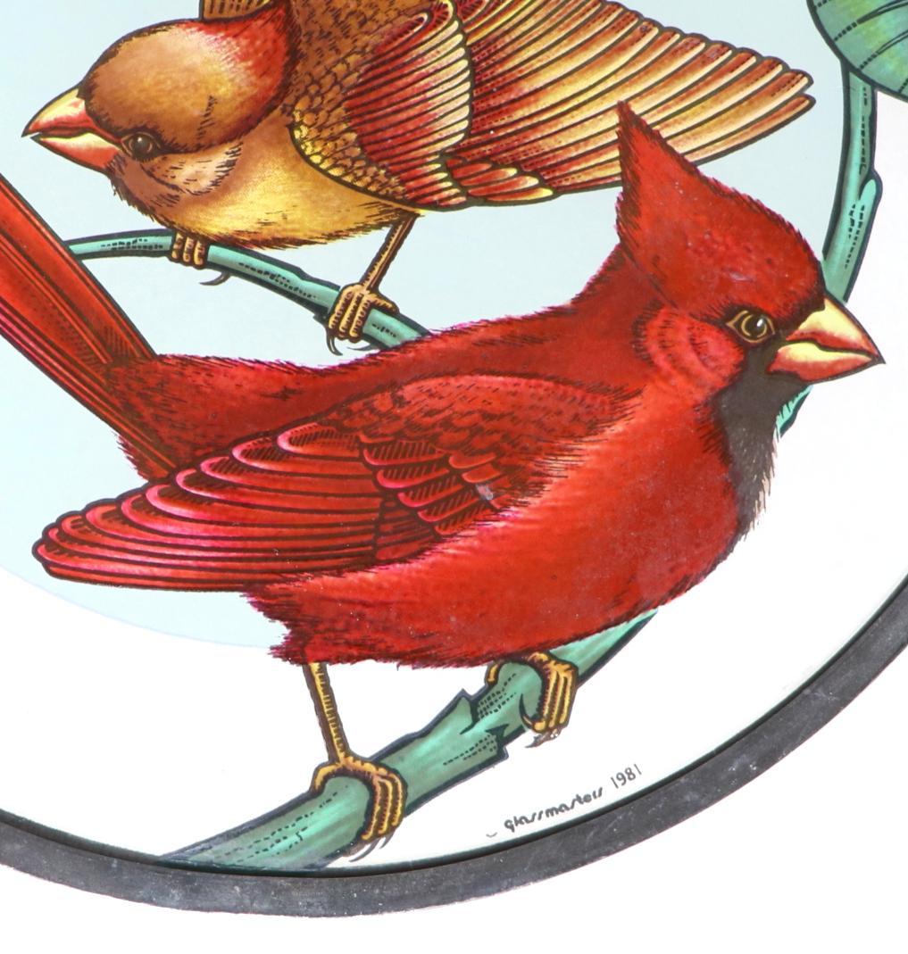 大型 赤と黄の二羽のショウジョウコウカンチョウ ヴィンテージ ステンドグラス 鳥