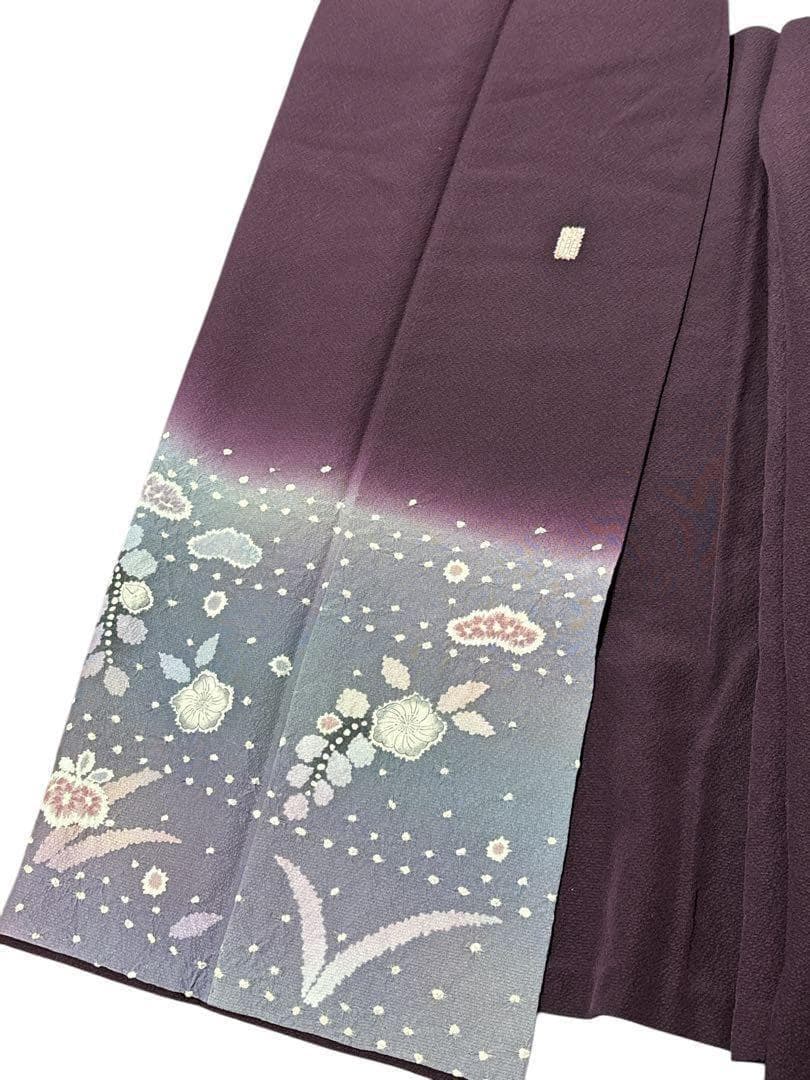 A35美品作家物落款 【華麗に花咲く辻ヶ花】訪問着　絞り　半衿付き正絹暈し茄子紫
