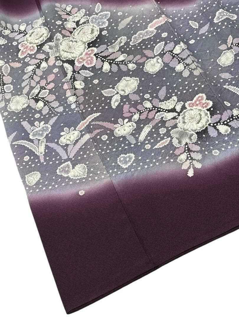 A35美品作家物落款 【華麗に花咲く辻ヶ花】訪問着　絞り　半衿付き正絹暈し茄子紫