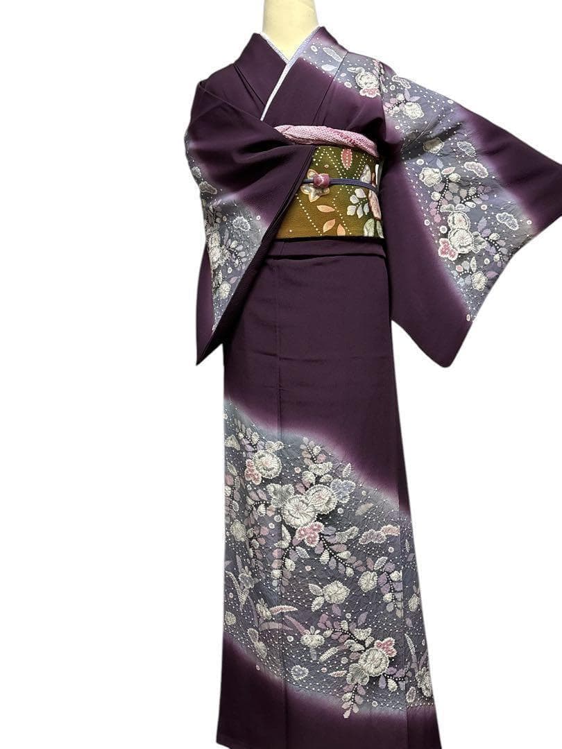 A35美品作家物落款 【華麗に花咲く辻ヶ花】訪問着　絞り　半衿付き正絹暈し茄子紫