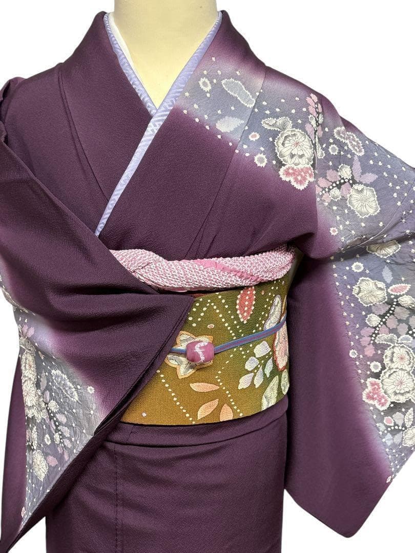 A35美品作家物落款 【華麗に花咲く辻ヶ花】訪問着　絞り　半衿付き正絹暈し茄子紫