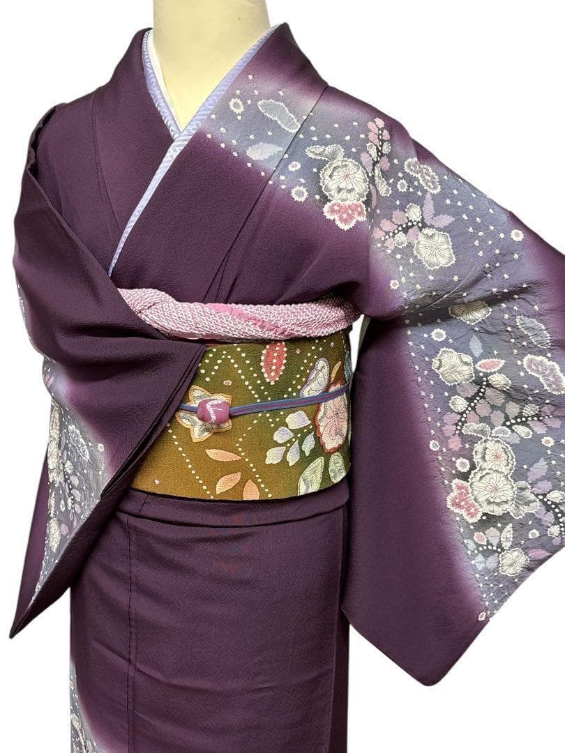 A35美品作家物落款 【華麗に花咲く辻ヶ花】訪問着　絞り　半衿付き正絹暈し茄子紫