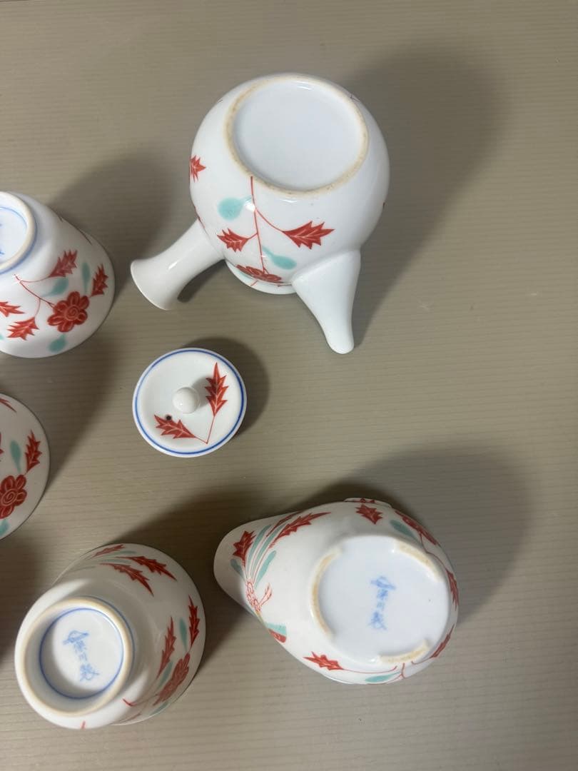 2171 深川製磁　赤絵花草　茶器セット　急須1客　湯冷し1客　湯呑5客