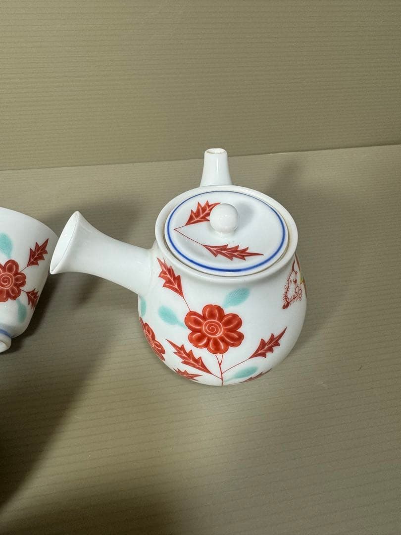 2171 深川製磁　赤絵花草　茶器セット　急須1客　湯冷し1客　湯呑5客