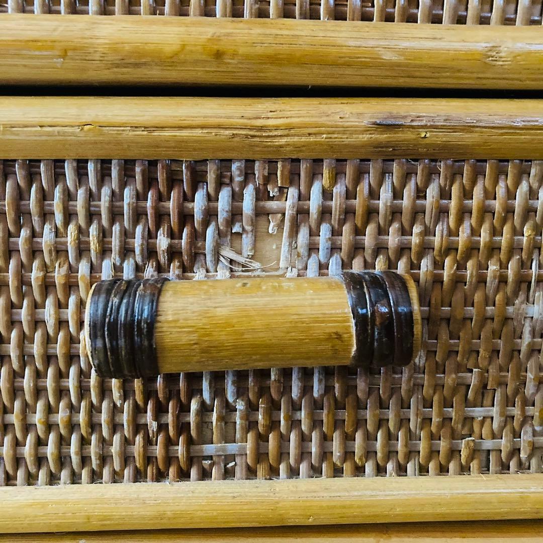 ヴィンテージ ラタン 籐 ワイド ローチェスト 棚 10杯 テレビ台 昭和レトロ