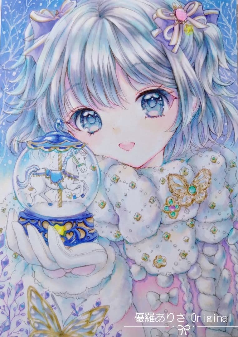 創作【思い出のスノードーム】手描きイラスト 原画 アナログイラスト A5