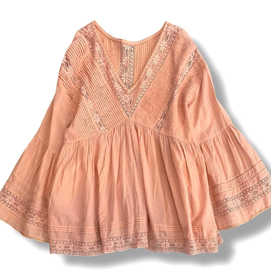 美品✨ヌキテパ コットンレースボイル 2WAYブラウス サーモンピンク