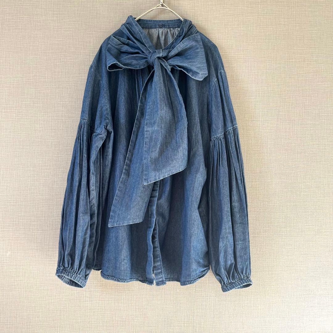 ミラオーウェン ボウタイ付き袖ボリュームデニムブラウス 2way