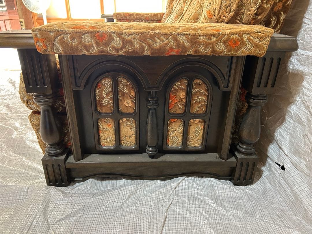 アサヒ木工　アンティーク金華山3Pソファ　昭和レトロ