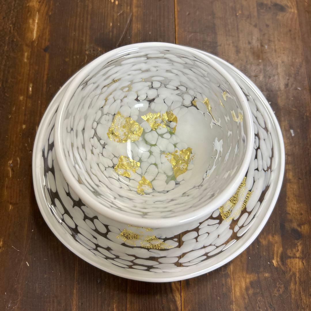 ガラス作家　石井康治　カップ＆ソーサー　金彩　工芸品　成川美術館展示品　手吹