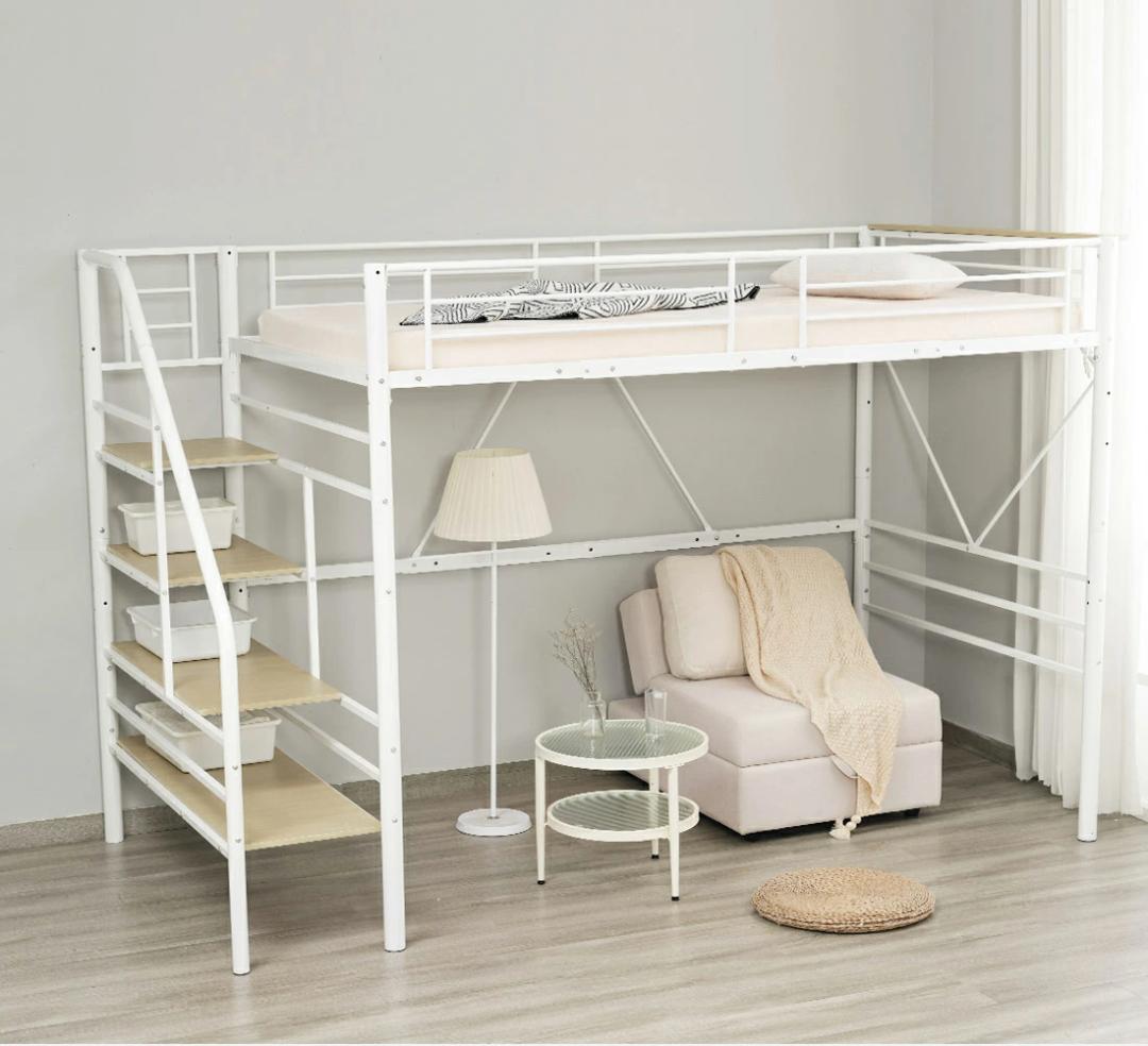 ロフトベッド【SD・セミダブル】　階段・コンセント付き　スチール製　WHITE