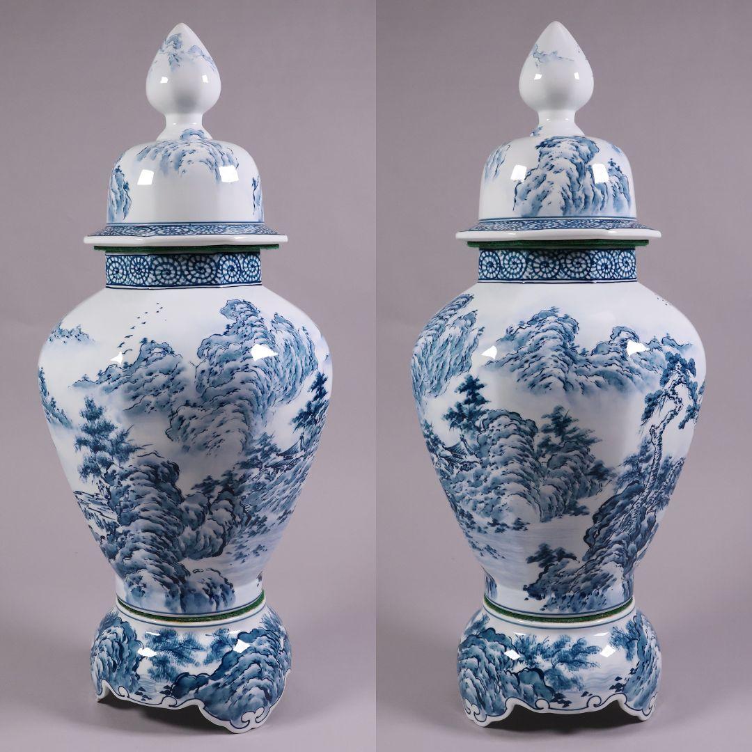 有田焼 勝右衛門 染付 沈香壷 69.3cm 山水蛸唐草 壺 飾壷【CM207】
