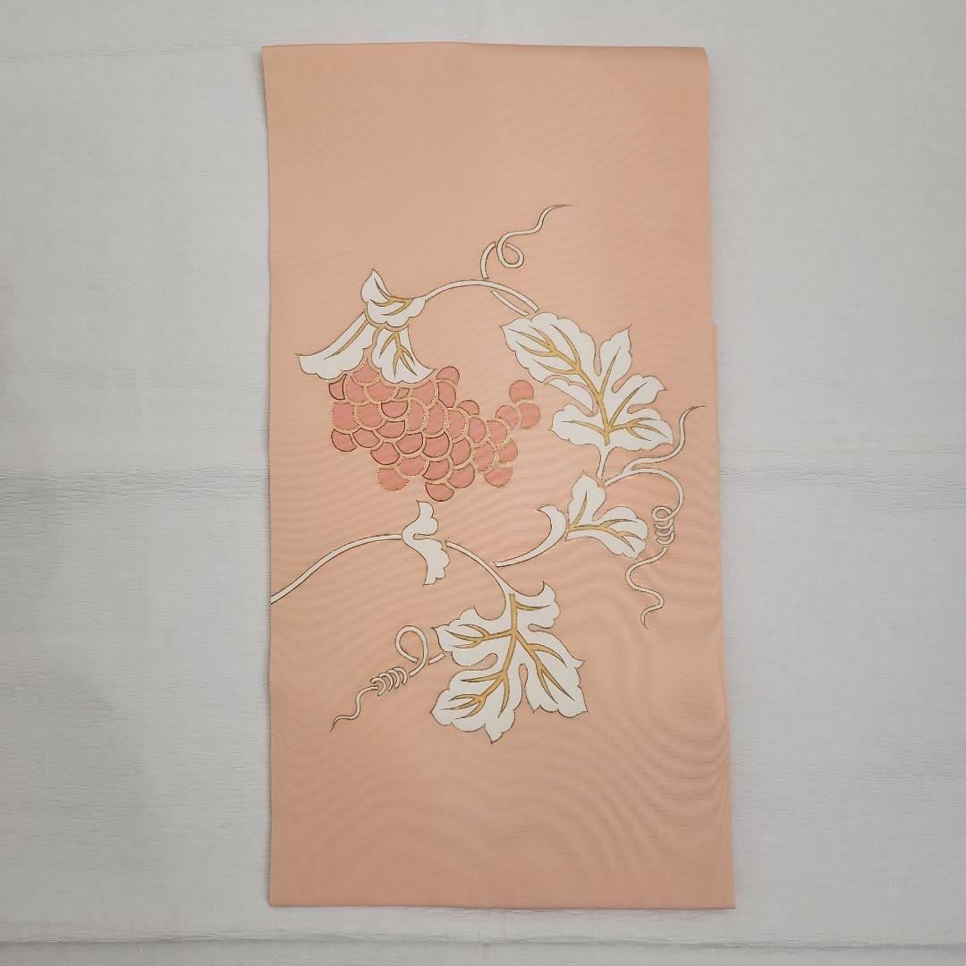 美品　塩瀬　九寸染帯　名古屋帯　つる葡萄　金駒刺繍　乙女色