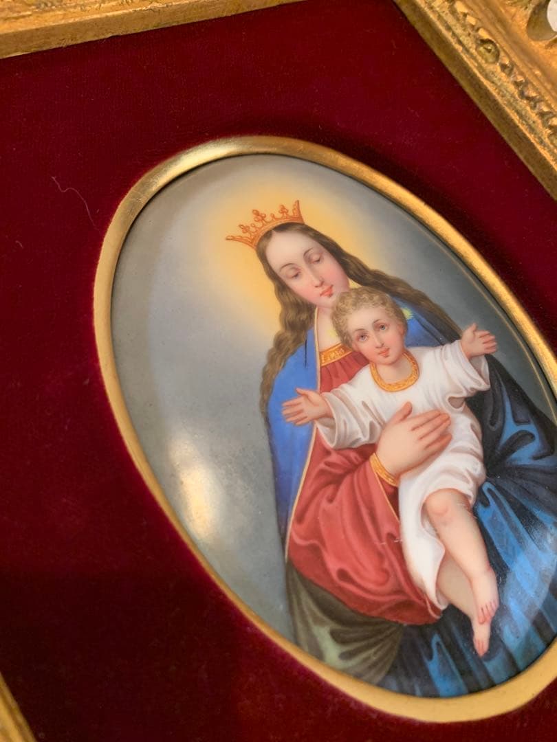 ドイツ製　破格！アンティーク聖母子の陶板額装品！色が綺麗でマリア様が優しい！