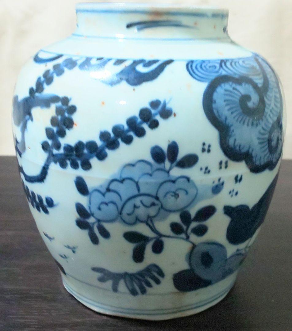 中国美術 白磁胴継染付 明 清時代 霊芝文 牡丹 花鳥模様陶器の壺