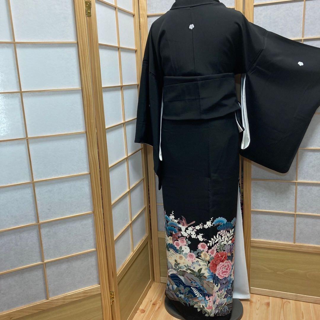 ［3110］黒留袖 美品 鴛鴦 作家物 比翼付 友禅 五つ紋 蔦 正絹 着物 袷