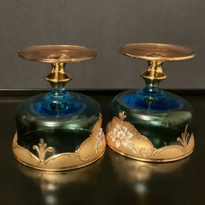 ベネチアングラス　金色とブルーのエレガントなデザインの手描き花柄グラス　⑤⑥