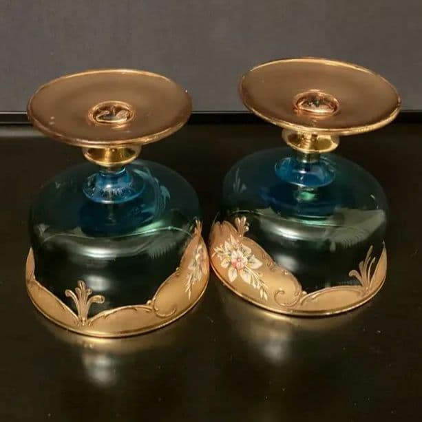 ベネチアングラス　金色とブルーのエレガントなデザインの手描き花柄グラス　⑤⑥