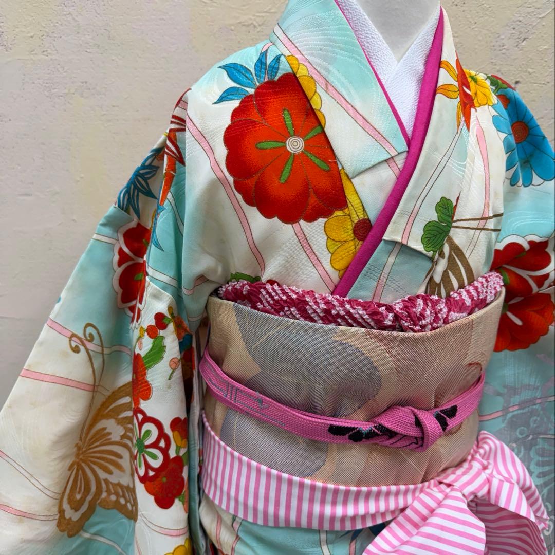 No.k001 七五三 7歳 着物 フルセット 水色 レトロ柄 ※シミあり