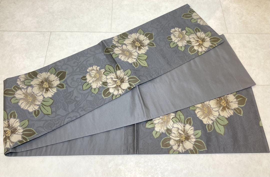 唐織り 金通し 椿 唐花 正絹 金糸 袋帯 黒 グレー 白 緑 709