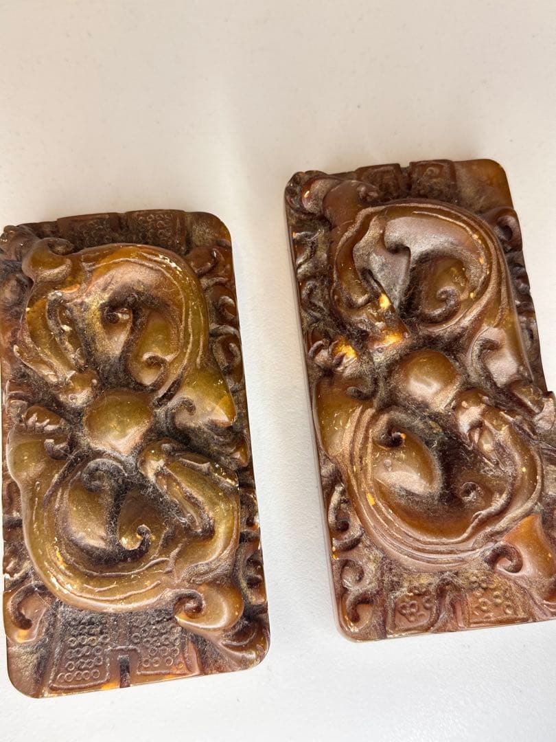 AC田黄石寿山石 龍紋彫刻 印章 大サイズ 二点セット 中国古美術 时代物