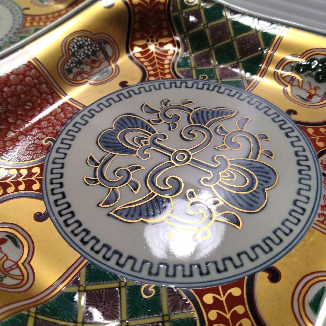 波佐見焼 林九郎窯 林九郎 古伊万里 金襴手 金彩 色絵 赤絵 間取 角皿 牡丹