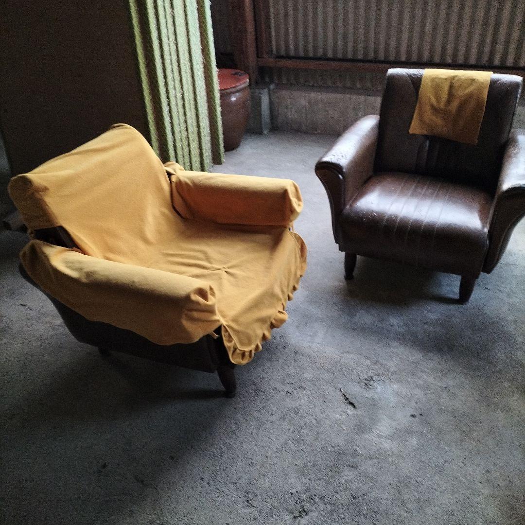 昭和レトロ茶色合成皮革 1人掛けソファ、2個ペア