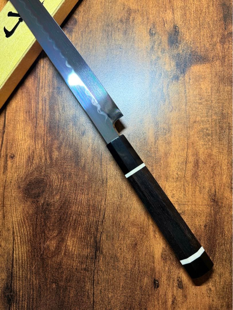 池田美和　蛸引 先丸　水本焼 青一鋼　全鏡面　尺　包丁　黒檀水牛八角柄