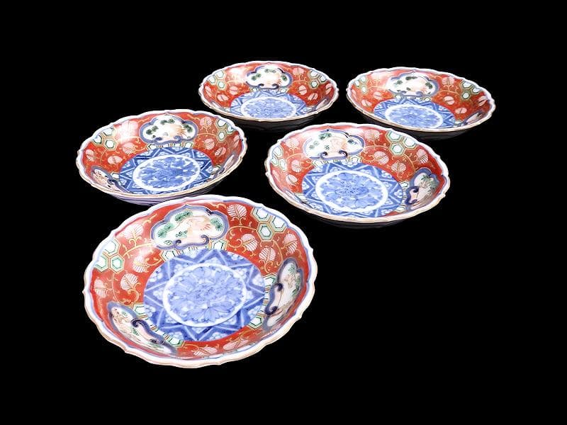 大聖寺伊万里　金襴手　金唐草に亀甲紋の図　４寸皿　５枚　A542AS-DAy